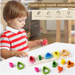 Jucarie Montessori din Lemn, Tip Puzzle, cu 5 Forme Asimetrice, 15 Piese, Model Copaci, Materiale Non Toxice, +2 Ani, 29x6.5 cm, Multicolor - Img 5