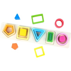 Jucarie Montessori din Lemn, Tip Puzzle, cu 5 Forme Asimetrice, 15 Piese, Educativa, Interactiva, Creativa, Model Forme Geometrice, Materiale Non Toxice, +2 Ani, 29x6.5 cm, Multicolor - Img 6