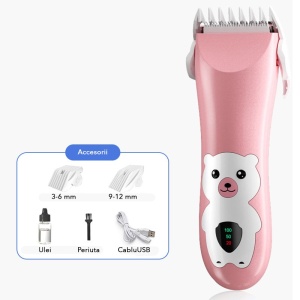 Masina De Tuns Bebelusi si Copii, Display Digital, Lame Cermice si Inox, Fara Fir, Functie Anti Taiere, Silentios, 50 W, Rezistent la Apa, 2 Accesorii, Incarcator USB, Model Ursulet, Roz - Img 2