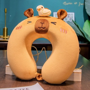 Perna de Calatorie in Forma de U, Pentru Gat si Cap, Umplutura din Spuma cu Memorie, 30x30 cm, Model Capybara, Accesoriu de Voiaj, Birou, Masina, Sistem Prindere Capse, Maro - Img 6