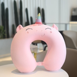 Perna de Calatorie in Forma de U, Pentru Gat si Cap, Umplutura din Spuma cu Memorie, 30x30 cm, Model Unicorn, Accesoriu de Voiaj, Birou, Masina, Sistem Prindere Capse, Roz - Img 4