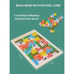 Puzzle din Lemn Tip Tetris, +4 Ani, cu Animale Colorate 3D, 40 Piese, Multicolor - Img 5