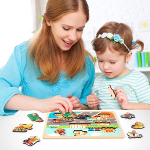 Puzzle Montessori din Lemn pentru Copii, 0-3 Ani, 3D, Model Transporturi, Educativ, Intuitiv, Creativ, 9 Piese, 30x22.5x0.8 cm, Multicolor - Img 3