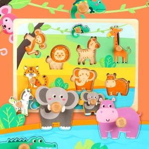 Puzzle Montessori din Lemn pentru Copii, 0-3 Ani, Model Animale din Jungla, Educativ, Intuitiv, Creativ, 9 Piese, 30x22.5x0.8 cm, Multicolor - Img 6