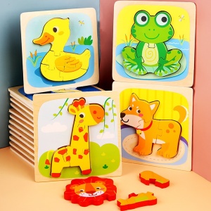 Puzzle Montessori din Lemn pentru Copii, 3D, 0-3 Ani, Model Catel, Educativ, Intuitiv, Creativ, 3 Piese, 15x15x0.5 cm, Multicolor - Img 5