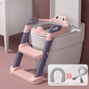 Reductor si Scaunel Inaltator WC, pentru Copii 1 - 7 Ani, 2 Trepte Reglabile, Pliabil, Colac Moale, cu Spatar si Manere, Inaltime 54/58 cm x 39.5 x 35 cm, din Plastic+PVC, Roz/Mov - Img 5