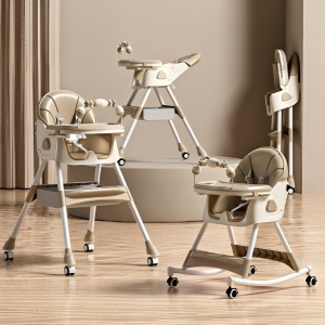 Scaun de Masa pentru Bebelusi si Copii, 2 Tavite cu Jucarii si Husa Detasabile, Multifunctional, Balansoar, de la 6 Luni, 97x73x65cm, Crem - Img 6
