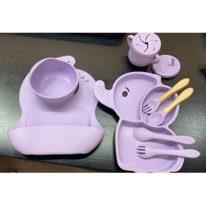 Set 10 Piese Servire Masa. pentru Bebelusi si Copii, din Silicon/Lemn, cu Ventuze Anti-alunecare, fara Alergeni. +6 Luni, Model Elefant, Mov - Img 5