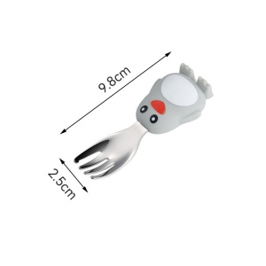 Set diversificare bebelusi din silicon, 1 farfurie compartimentata in forma de pinguin, lingurita si furculita, pai, perie pai, fara alergeni, ventuza fixare, gri - Img 2