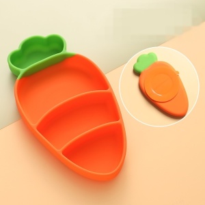 Set diversificare bebelusi din silicon, 1 farfurie compartimentata in forma de morcov, lingurita si furculita, pai, perie pai, fara alergeni, ventuza fixare - Img 3