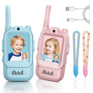 Set Walkie Talkie WiFi pentru Copii, Set 2 Statii, Apeluri Video, cu Ecran de 2", Efecte Voce, Reincarcabile, Cabluri TYPE-C, Raza pana la 500 m, Roz/Albastru - Img 5