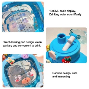 Sticla cu pai pentru copii, model ursulet, gradata, stickere aplicate, curea reglabila, din plastic rezistent la cadere, 1l, Albastru, 20 x 13 cm - Img 5
