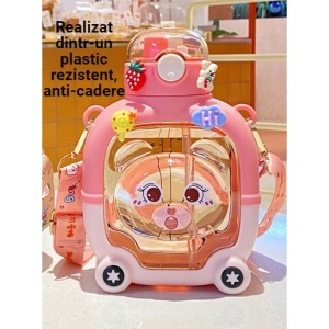 Sticla cu pai pentru copii, model ursulet, gradata, stickere aplicate, curea reglabila, din plastic rezistent la cadere, 1l, Roz, 20 x 13 cm - Img 6