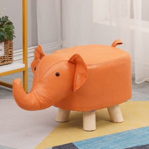 Taburet pentru Copii, Scaun Tip Taburet, Model Elefant, din Lemn Masiv, Scaun pentru Copii, 30 x 25 x 25 cm, Portocaliu