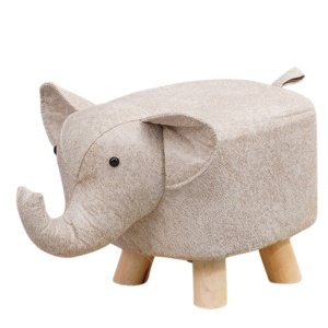 Taburet pentru Copii, Scaun Tip Taburet, Model Elefant, din Lemn Masiv, Scaun pentru Copii, 30 x 25 x 25 cm, Alb Bej - Img 2