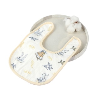 Baveta in Forma de U, din Bumbac, pentru Copii 0-12 Luni, Rezistenta la Apa, cu Capse, Model cu Iepurasi, 21x30 cm, Bej