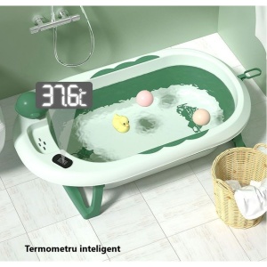 Cada de Baie, pentru Copii 0 luni - 6 Ani, cu Termometru, Pliabila, Perna Suport Inclusa, din Plastic, 81.5 x 49 x 21.5 cm, Verde - Img 5