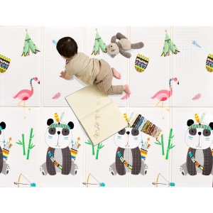 Covoras pentru Copii, cu 2 Fete, Model Caprioare/Panda, din XPE+PE, Impermeabil, Antiderapant, Protectie Termica, +3 Luni, Pliabil, 150 x 200 x 1 cm, Multicolor - Img 3