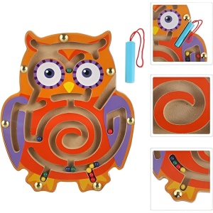 Joc Montessori cu Bile, Creion Magnetic, Tip Labirint, din Lemn, Model Bufnita, 18.5x17.5 cm, Portocaliu-Mov - Img 5