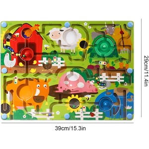 Joc Montessori de Sortare Culori, Creion Magnetic, Tip Labirint Ilustrat, din Lemn, Model Ferma, 39x29x1.5 cm - Img 6