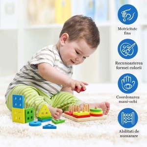 Jucarie Educativa Tip Montessori, din Lemn, + 36 Luni, Forme Geometrice, 16 Piese, 12 x 12 cm, Multicolor - Img 6