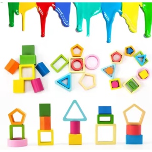 Jucarie Montessori din Lemn, Tip Puzzle, cu 5 Forme Asimetrice, 15 Piese, Educativa, Interactiva, Creativa, Model Forme Geometrice, Materiale Non Toxice, +2 Ani, 29x6.5 cm, Multicolor - Img 3