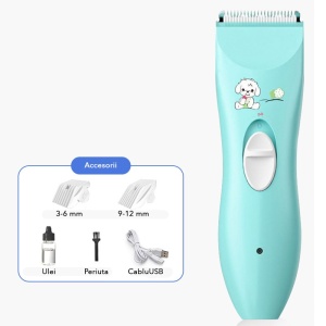 Masina De Tuns Bebelusi si Copii, Lame Cermice si Inox, Fara Fir, Functie Anti Taiere, Silentios, 50 W, Rezistent la Apa, 2 Accesorii, Incarcator USB, Model Ursulet, Albastru deschis - Img 2