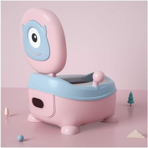 Olita pentru Copii, +6 luni, Compartiment Detasabil, cu Capac, Antiderapanta, din Plastic, Colac Moale, Model Animat Ciclop, cu Maner, 33 x 21 x 45 cm, Albastru/Roz - Img 2