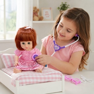 Papusa Bebelus, 33 cm, pentru Copii, cu Accesorii Medicale, Baby Doll Interactiva cu Stetoscop si Ochelari de Doctor, 3+ ani - Img 4