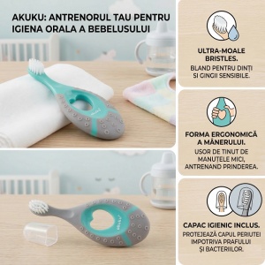 Periuta de dinti Akuku First brush bebelusi si copii, maner silicon, recomandat pentru 0-2 ani, turcoaz/gri - Img 3