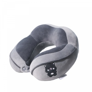 Perna de Calatorie, Pentru Gat si Cap, Umplutura din Bumbac, 28x28x10 cm, cu Model Brodat Urs, Gri - Img 4