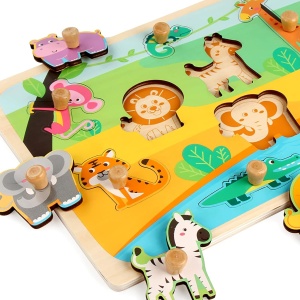 Puzzle Montessori din Lemn pentru Copii, 0-3 Ani, Model Animale din Jungla, Educativ, Intuitiv, Creativ, 9 Piese, 30x22.5x0.8 cm, Multicolor - Img 3