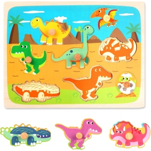 Puzzle Montessori din Lemn pentru Copii, 3D, 0-3 Ani, Model Dinozauri, 8 Piese, 30x22.5x0.8 cm, Multicolor