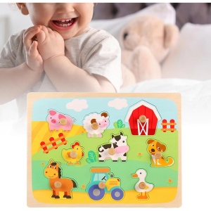 Puzzle Montessori din Lemn pentru Copii, 3D, 0-3 Ani, Model Ferma, Educativ, Intuitiv, Creativ, 9 Piese, 30x22.5x0.8 cm, Multicolor - Img 5