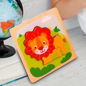 Puzzle Montessori din Lemn pentru Copii, 3D, 0-3 Ani, Model Leu, Educativ, Intuitiv, Creativ, 3 Piese, 15x15x0.5 cm, Multicolor - Img 3