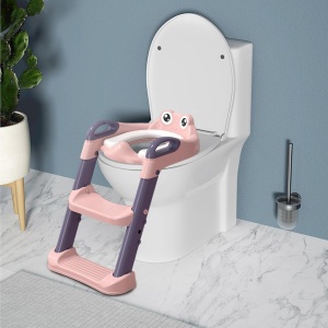 Reductor si Scaunel Inaltator WC, pentru Copii 1 - 7 Ani, 2 Trepte Reglabile, Pliabil, Colac Moale, cu Spatar si Manere, Inaltime 54/58 cm x 39.5 x 35 cm, din Plastic+PVC, Roz/Mov - Img 2