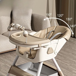 Scaun de Masa pentru Bebelusi si Copii, 2 Tavite cu Jucarii si Husa Detasabile, Multifunctional, Balansoar, de la 6 Luni, 97x73x65cm, Crem - Img 3