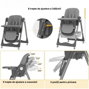 Scaun de Masa pentru Bebelusi si Copii, 2 Tavite si Husa Detasabile, Multifunctional, Stabil, Centura de Siguranta, Inaltime Ajustabila, Spatar Reglabil Moale, Cos de Depozitare, 100x50x80cm, de la 6 Luni, Gri - Img 3