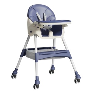 Scaun de masa pentru bebelusi si copii cu roti, telescopic, pliabil, masuta reglabila, suport picioare, scaun invelis piele artificiala, 97 x 73 x 65 cm, albastru - Img 1