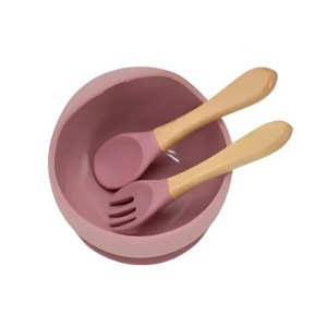Set 10 Piese Servire Masa. pentru Bebelusi si Copii, din Silicon/Lemn, cu Ventuze Anti-alunecare, fara Alergeni. +6 Luni, Model Elefant, Maro - Img 3