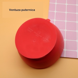 Set 2 piese diversificare bebelusi si copii din silicon bol cu ventuza, lingurita din lemn si silicon, pentru gustari, fara alergeni, rosu - Img 4
