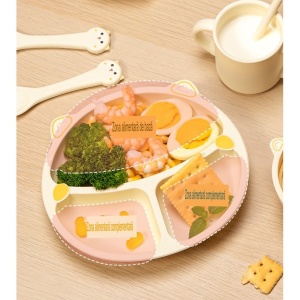 Set 4 Piese Hranire Bebelusi si Copii, din Silicon, fara BPA, de la 12 Luni, Model Pisicuta, 28 x 26 x 2 cm, Bej - Img 3