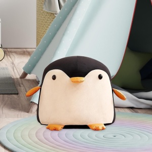 Taburet Pentru Copii, Cadru din Lemn Masiv, 25 x 29 x 29 cm, Perna de Burete Elastica si Maner de Transport, in Forma de Pinguin, Negru - Img 6