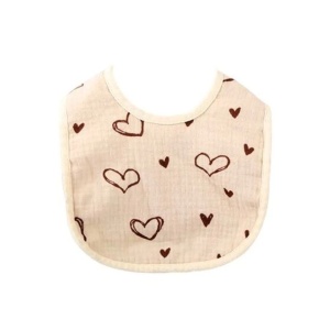 Baveta in Forma de U, din Bumbac, pentru Copii 0-12 Luni, Rezistenta la Apa, cu Capse, Model cu Inimoare, 21x30 cm, Bej - Img 3
