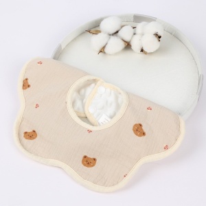 Baveta Tip Floare, din Bumbac, pentru Copii 0-12 Luni, Rezistenta la apa, cu Capse, Model cu Ursuleti, 26 x 29 cm, Crem - Img 2