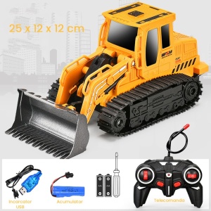 Buldozer cu Senile Jucarie pentru Copii, Jucarie Buldozer cu Telecomanda, Jucarie de Constructie, Acumulator cu Incarcare USB, 25 x 12 x 12 cm, Galben - Img 2