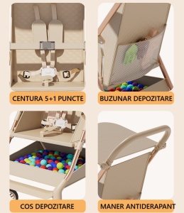 Carut Pliabil, Usor, Compatibil cu Avionul, de Plimbat/Dormit, Parasolar, Cutie Depozitare, Tabla de Masa, 93 x 70 x 40 cm, Negru - Img 5