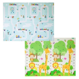 Covoras pentru Copii, cu 2 Fete, Model Drum/Safari, din XPE+PE, Impermeabil, Antiderapant, Protectie Termica, +3 Luni, Pliabil, 150 x 200 x 1 cm, Multicolor - Img 1