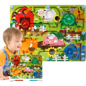 Joc Montessori de Sortare Culori, Creion Magnetic, Tip Labirint Ilustrat, din Lemn, Model Ferma, 39x29x1.5 cm - Img 3