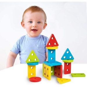 Jucarie Educativa Tip Montessori, din Lemn, + 36 Luni, Forme Geometrice, 16 Piese, 12 x 12 cm, Multicolor - Img 3